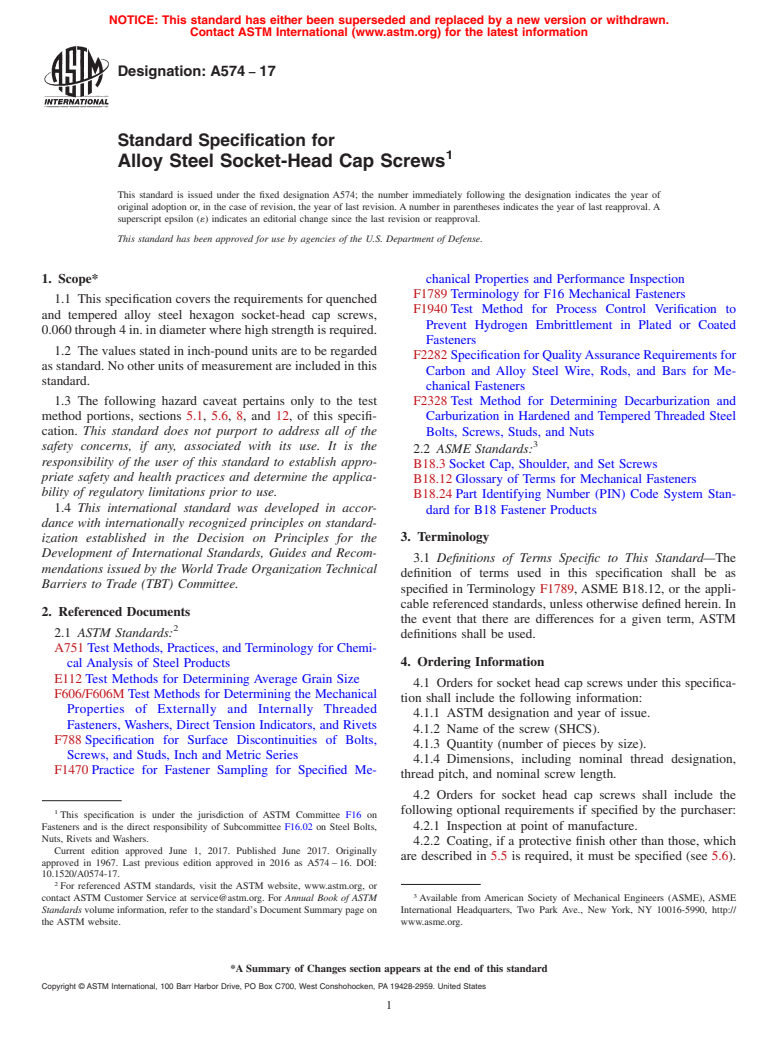 ASTM A574-17 - Standard Specification for  Alloy Steel Socket-Head Cap Screws