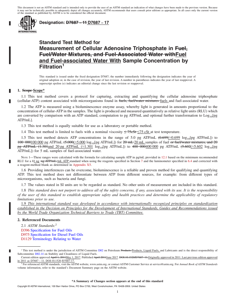 REDLINE ASTM D7687-17 - Standard Test Method for Measurement of Cellular Adenosine Triphosphate in Fuel and  Fuel-associated Water With Sample Concentration by Filtration