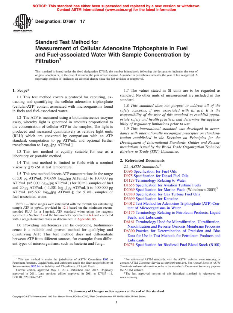 ASTM D7687-17 - Standard Test Method for Measurement of Cellular Adenosine Triphosphate in Fuel and  Fuel-associated Water With Sample Concentration by Filtration