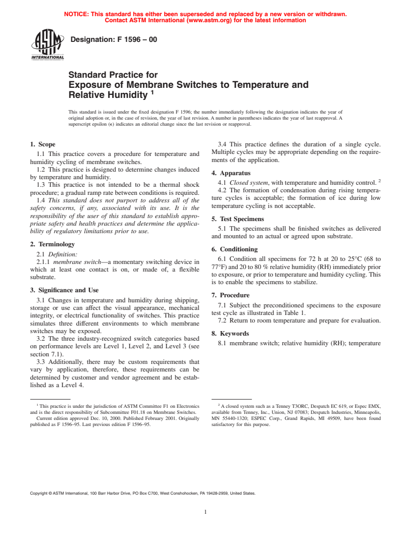 ASTM F1596-00 - Standard Practice for Exposure of Membrane Switches to Temperature and Relative Humidity