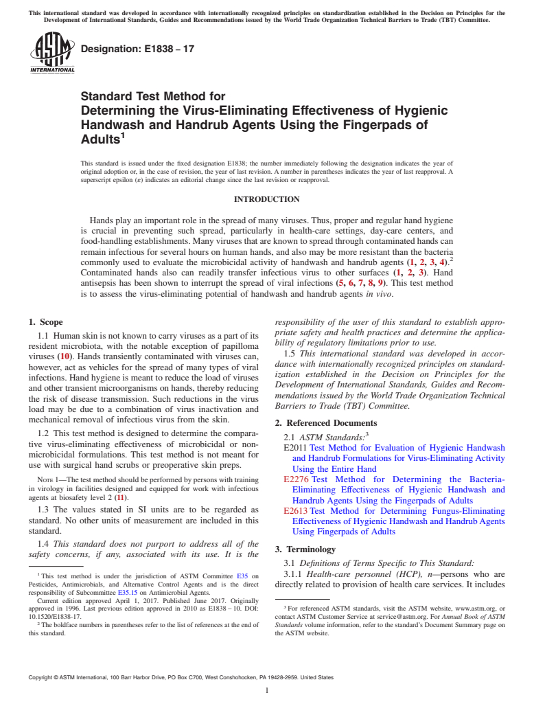 ASTM E1838-17 - Standard Test Method for Determining the Virus-Eliminating Effectiveness of Hygienic  Handwash and Handrub Agents Using the Fingerpads of Adults
