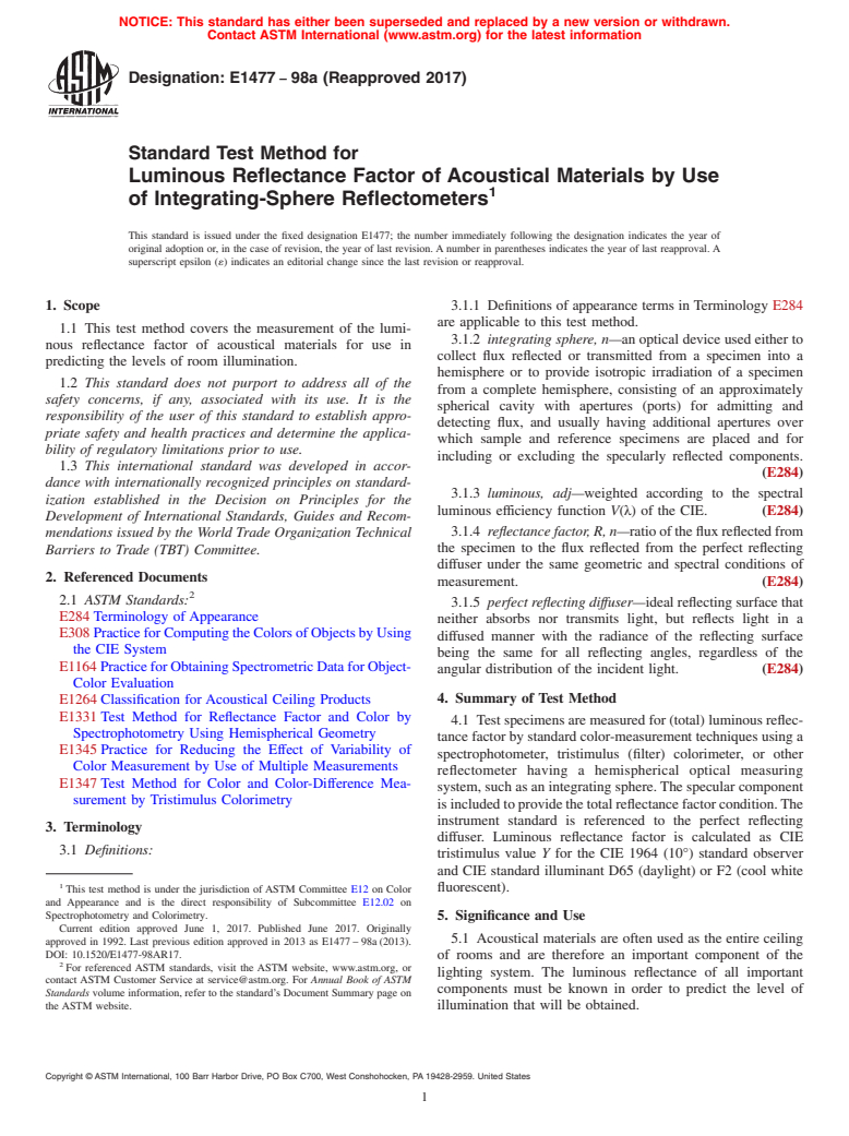 ASTM E1477-98a(2017) - Standard Test Method for Luminous Reflectance Factor of Acoustical Materials by Use  of Integrating-Sphere    Reflectometers