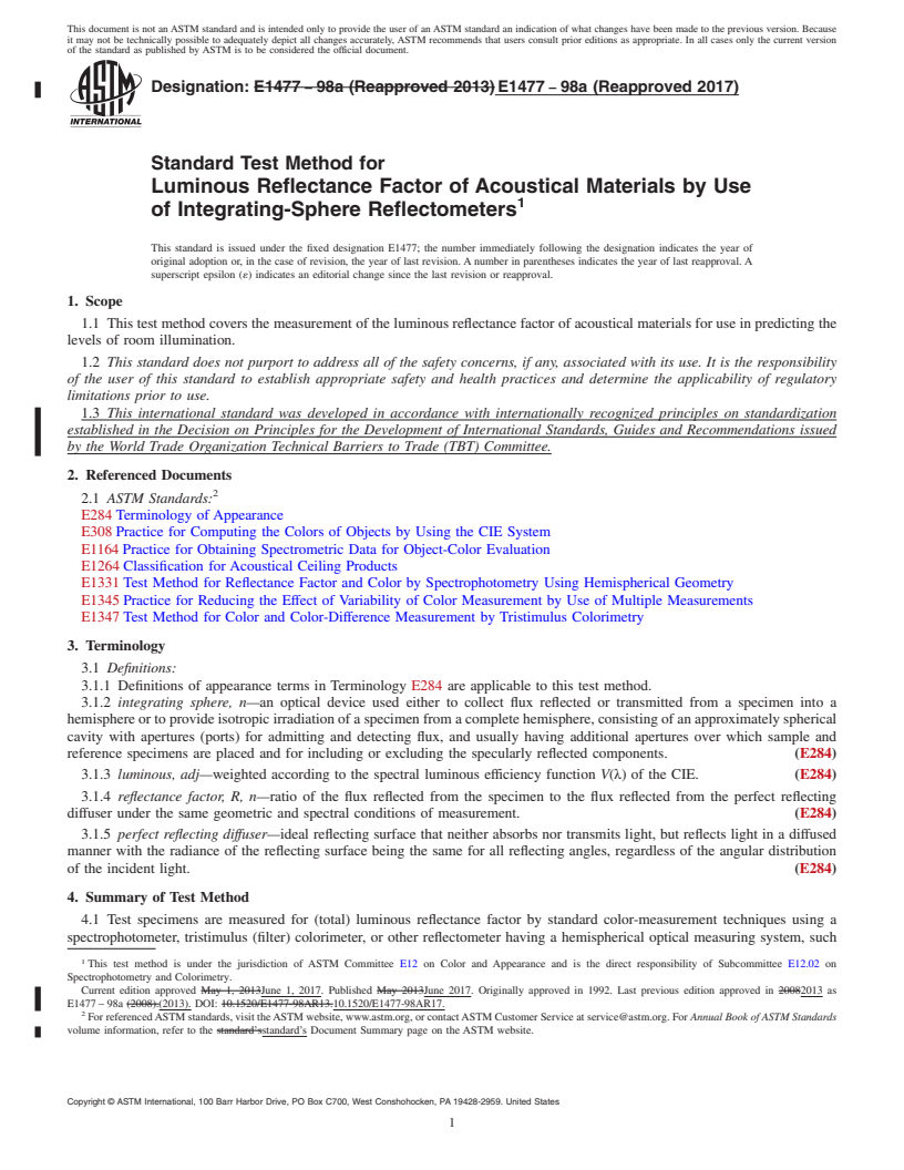 REDLINE ASTM E1477-98a(2017) - Standard Test Method for Luminous Reflectance Factor of Acoustical Materials by Use  of Integrating-Sphere    Reflectometers