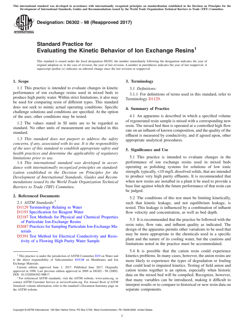 ASTM D6302-98(2017) - Standard Practice for  Evaluating the Kinetic Behavior of Ion Exchange Resins