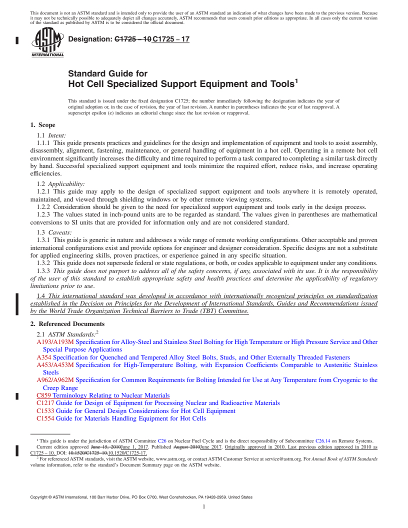 REDLINE ASTM C1725-17 - Standard Guide for  Hot Cell Specialized Support Equipment and Tools