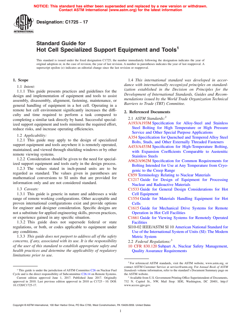 ASTM C1725-17 - Standard Guide for  Hot Cell Specialized Support Equipment and Tools