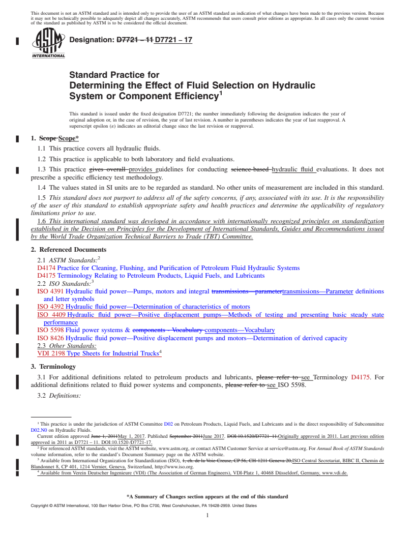 REDLINE ASTM D7721-17 - Standard Practice for  Determining the Effect of Fluid Selection on Hydraulic System  or Component Efficiency