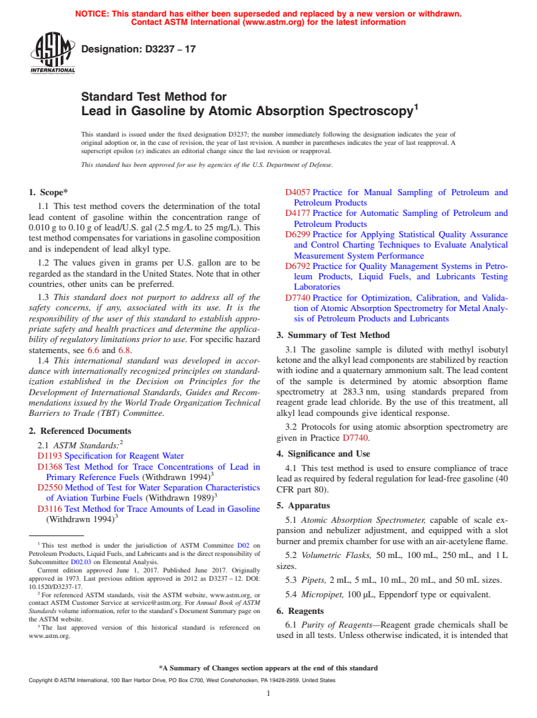 ASTM D3237-17 - Standard Test Method for Lead in Gasoline by Atomic Absorption Spectroscopy