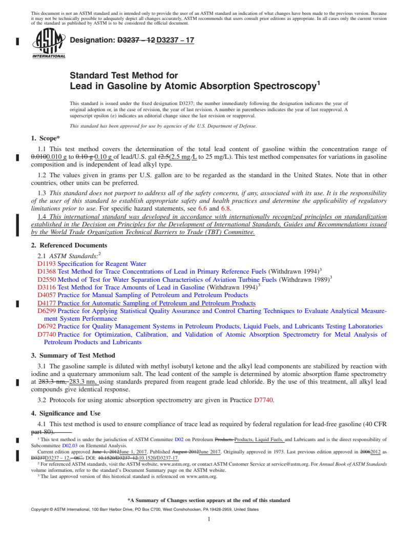 REDLINE ASTM D3237-17 - Standard Test Method for Lead in Gasoline by Atomic Absorption Spectroscopy