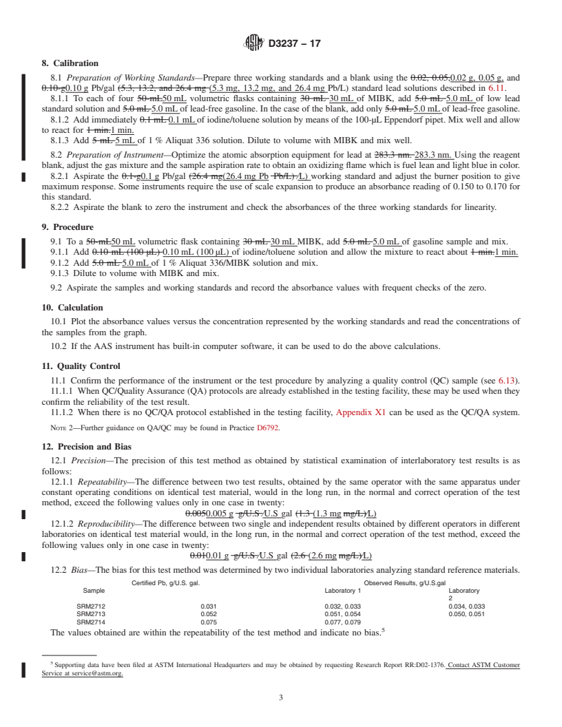 REDLINE ASTM D3237-17 - Standard Test Method for Lead in Gasoline by Atomic Absorption Spectroscopy