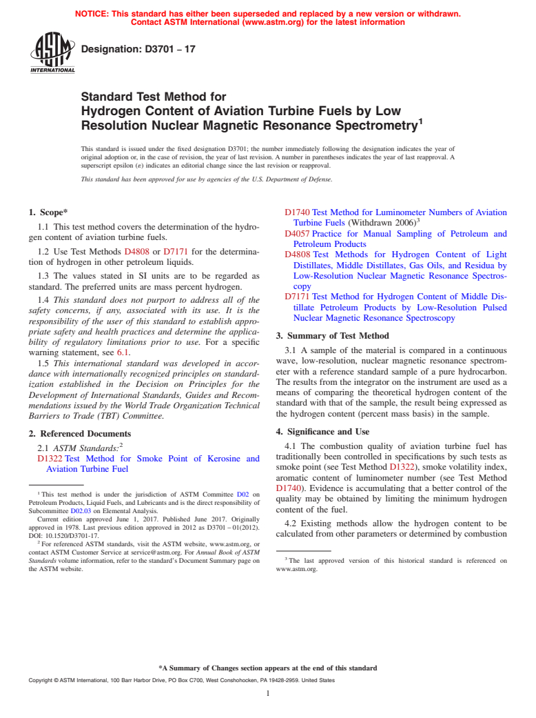 ASTM D3701-17 - Standard Test Method for Hydrogen Content of Aviation Turbine Fuels by Low Resolution   Nuclear Magnetic Resonance Spectrometry