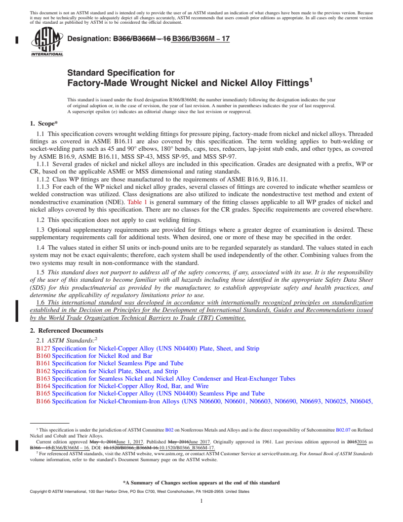 REDLINE ASTM B366/B366M-17 - Standard Specification for Factory-Made Wrought Nickel and Nickel Alloy Fittings