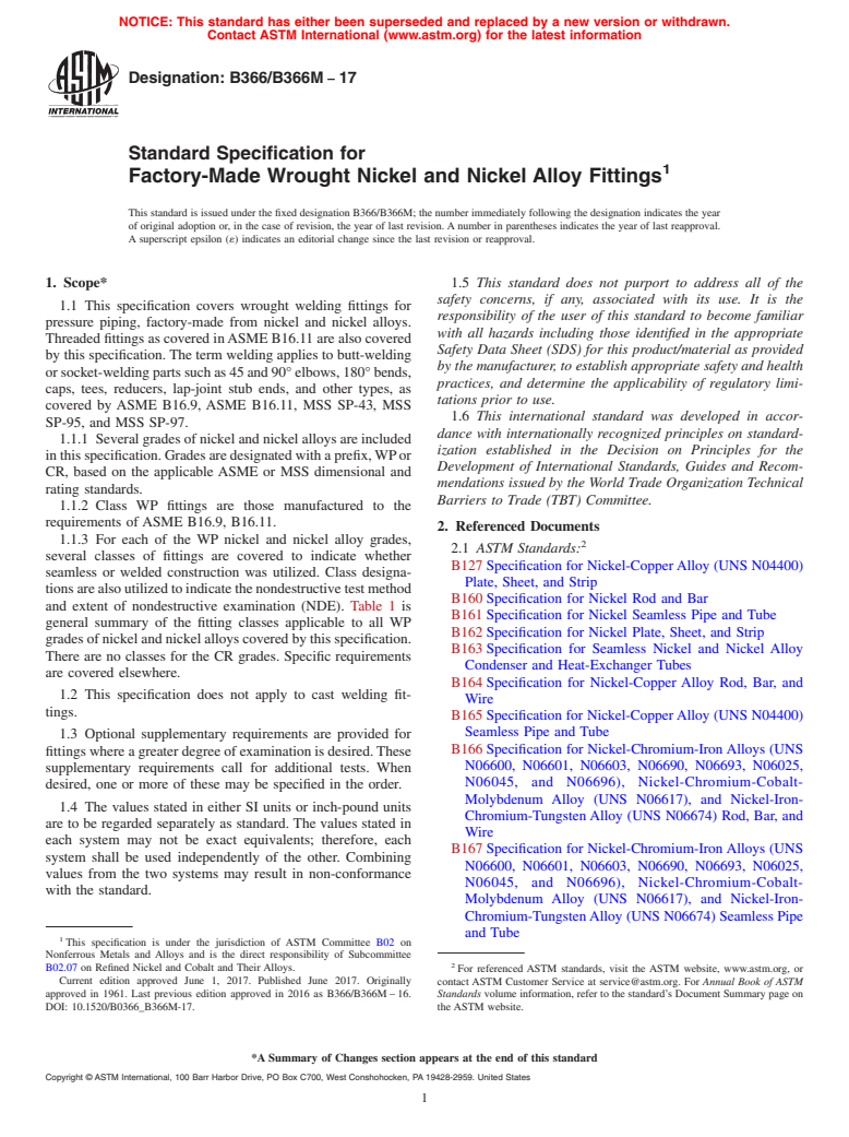 ASTM B366/B366M-17 - Standard Specification for Factory-Made Wrought Nickel and Nickel Alloy Fittings