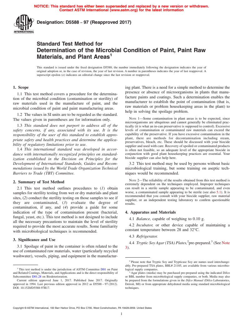 ASTM D5588-97(2017) - Standard Test Method for Determination of the Microbial Condition of Paint, Paint Raw  Materials,   and Plant Areas