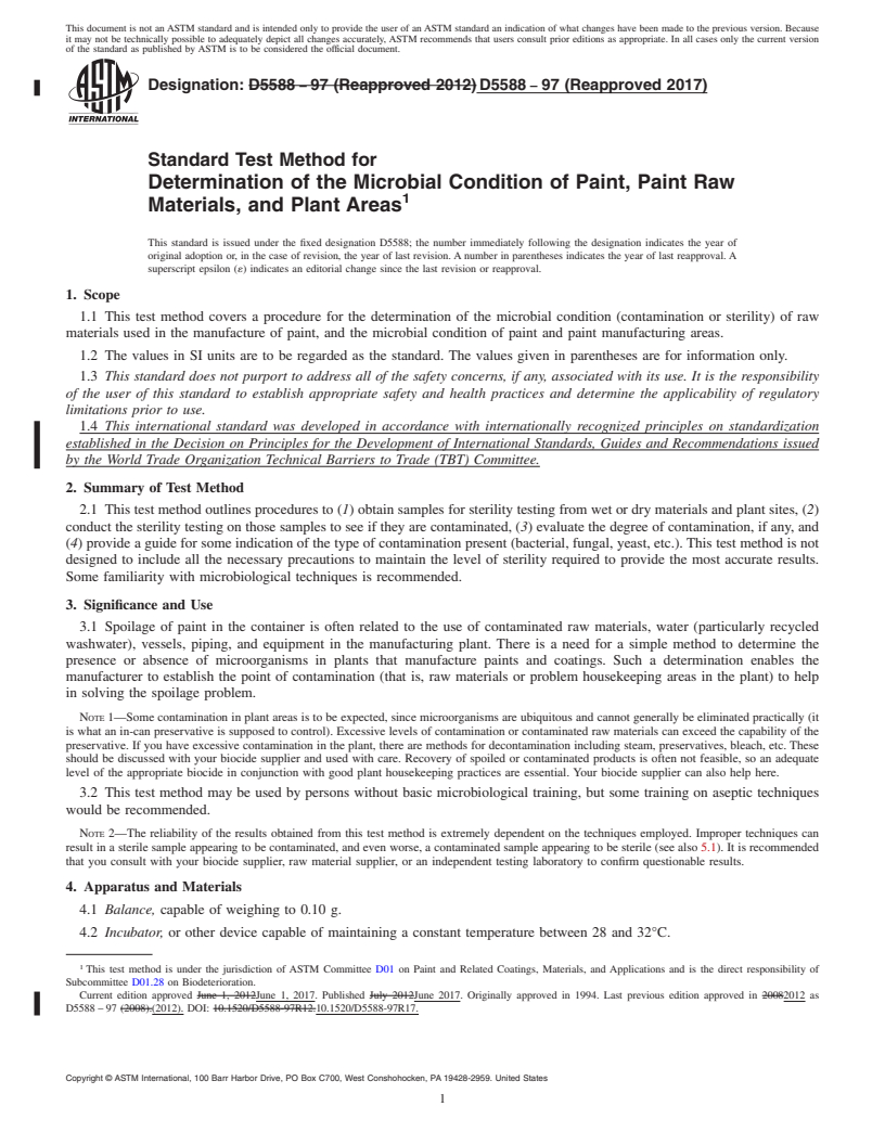 REDLINE ASTM D5588-97(2017) - Standard Test Method for Determination of the Microbial Condition of Paint, Paint Raw  Materials,   and Plant Areas