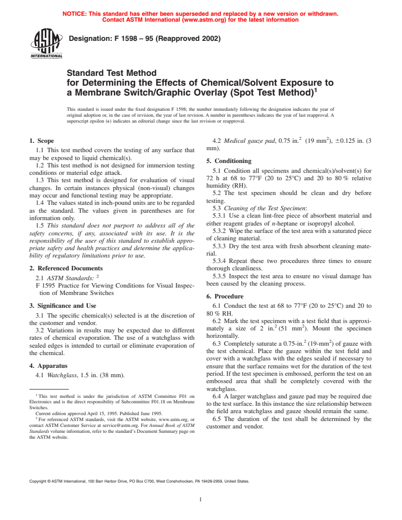 ASTM F1598-95(2002) - Standard Test Method for Determining the Effects of Chemical/Solvent Exposure to a Membrane Switch/Graphic Overlay (Spot Test Method)