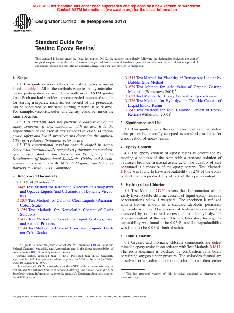 ASTM D4142-89(2017) - Standard Guide for Testing Epoxy Resins