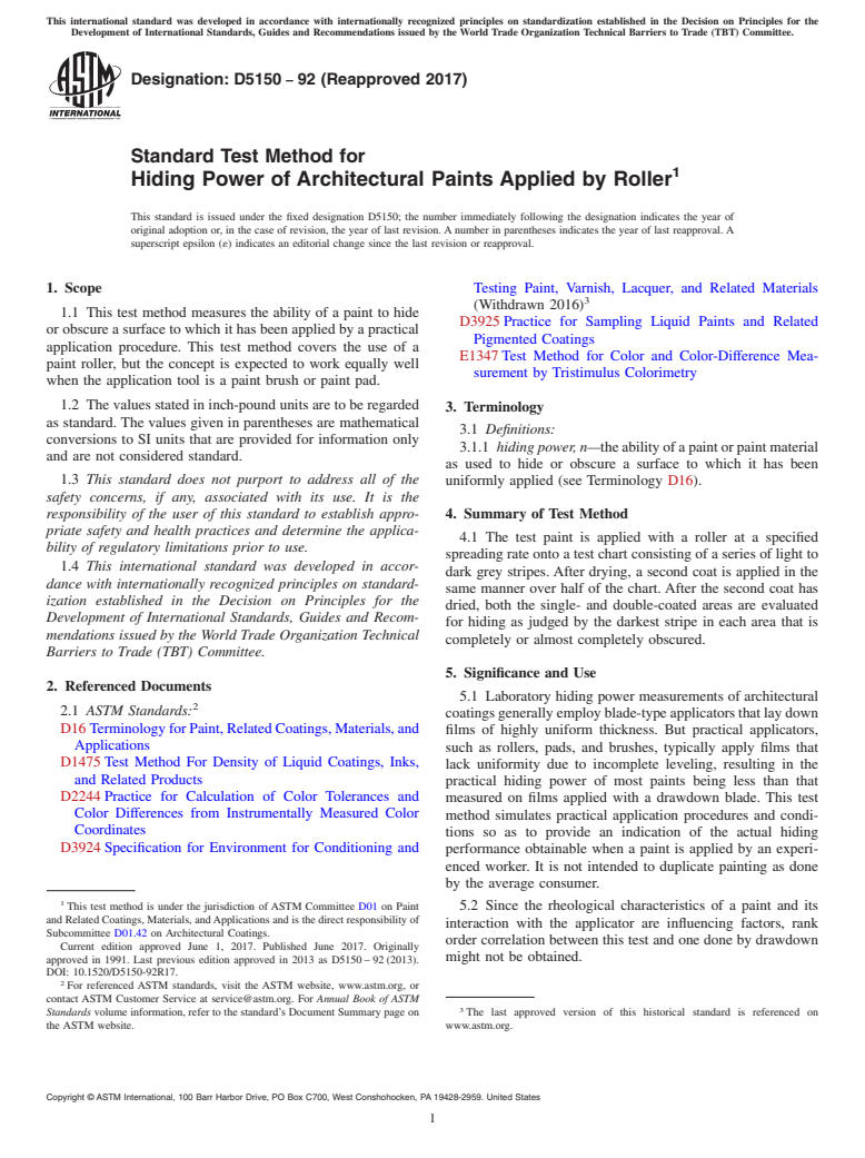 ASTM D5150-92(2017) - Standard Test Method for Hiding Power of Architectural Paints Applied by Roller