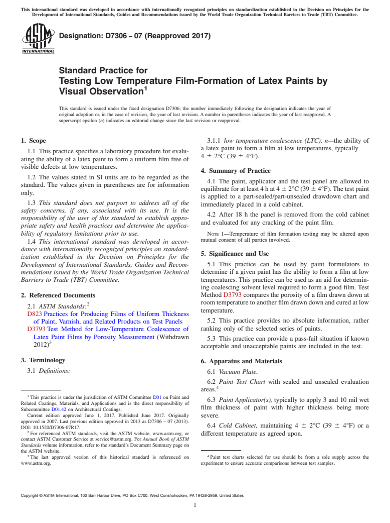 ASTM D7306-07(2017) - Standard Practice for Testing Low Temperature Film-Formation of Latex Paints by Visual  Observation