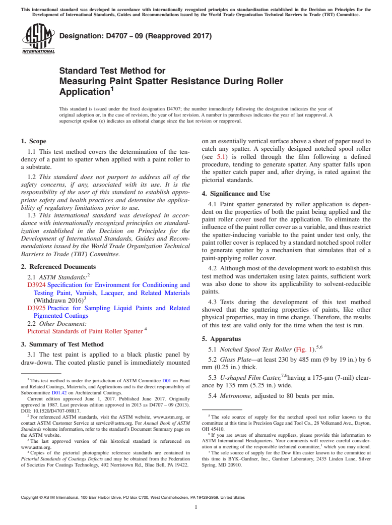 ASTM D4707-09(2017) - Standard Test Method for  Measuring Paint Spatter Resistance During Roller Application