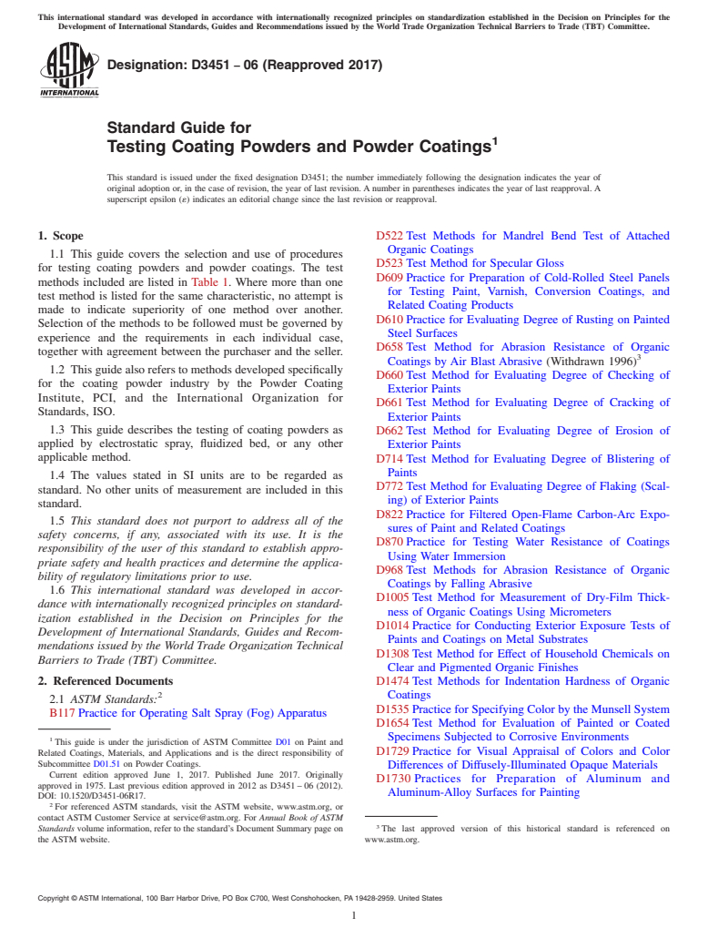 ASTM D3451-06(2017) - Standard Guide for Testing Coating Powders and Powder Coatings