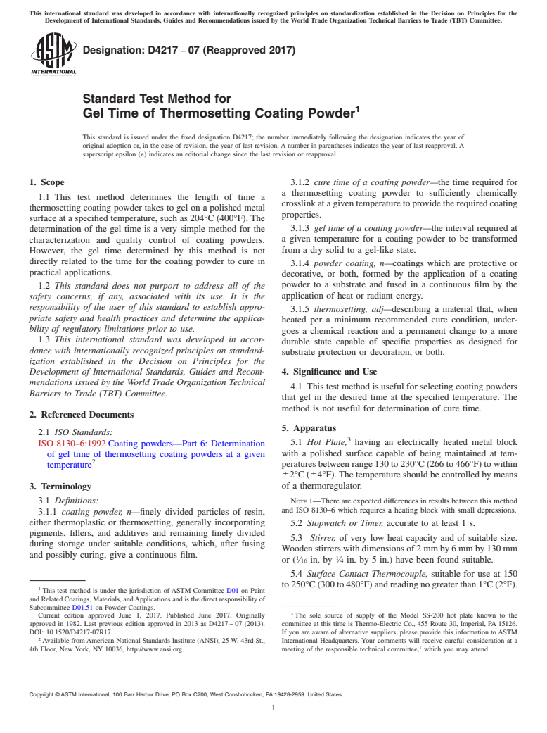 ASTM D4217-07(2017) - Standard Test Method for Gel Time of Thermosetting Coating Powder
