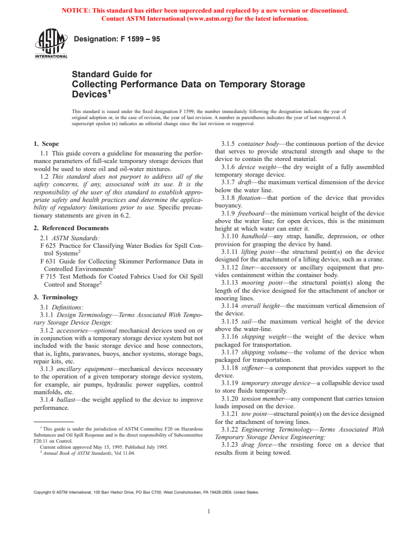 ASTM F1599-95 - Standard Guide for Collecting Performance Data on Temporary Storage Devices