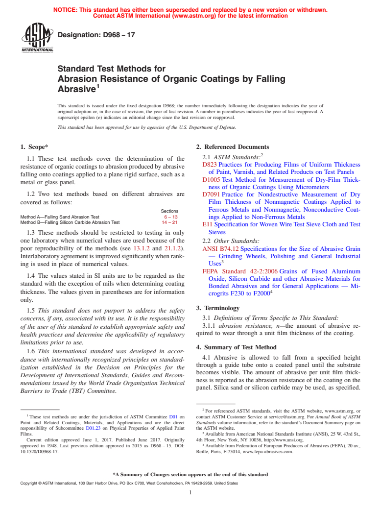 ASTM D968-17 - Standard Test Methods for Abrasion Resistance of Organic Coatings by Falling Abrasive