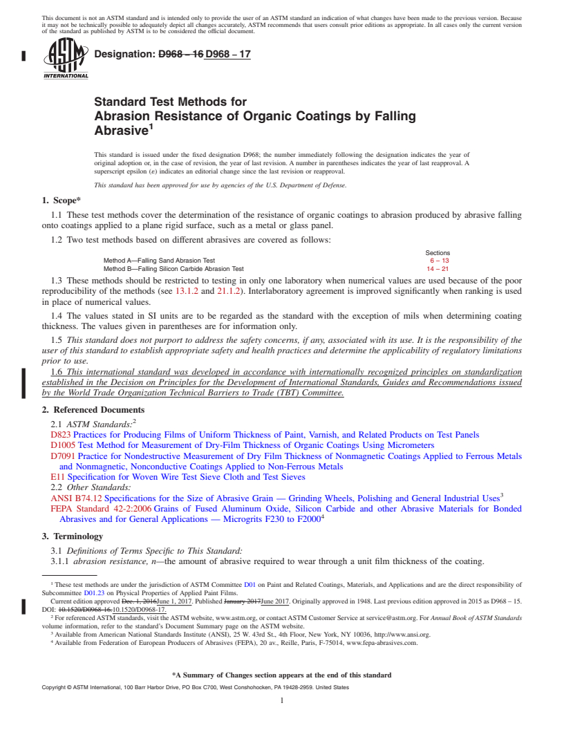 REDLINE ASTM D968-17 - Standard Test Methods for Abrasion Resistance of Organic Coatings by Falling Abrasive