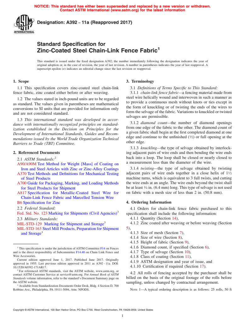 ASTM A392-11a(2017) - Standard Specification for  Zinc-Coated Steel Chain-Link Fence Fabric
