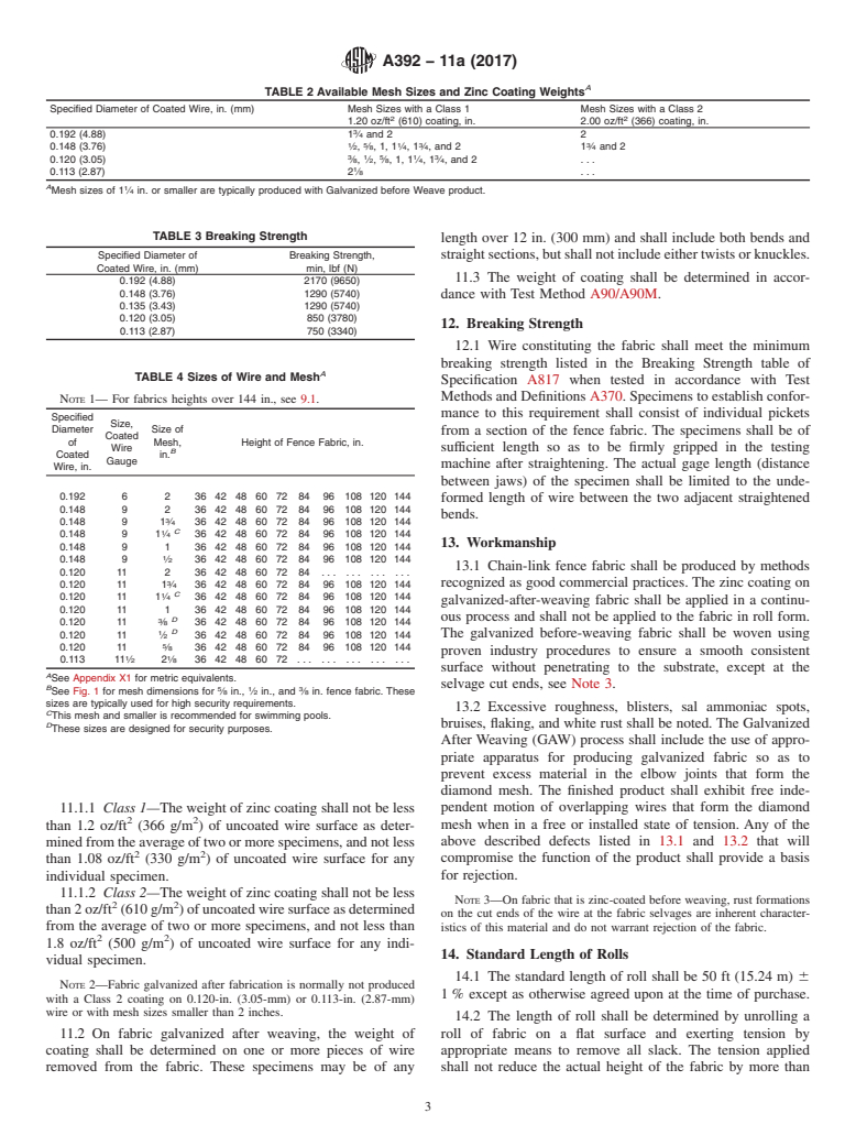 ASTM A392-11a(2017) - Standard Specification for  Zinc-Coated Steel Chain-Link Fence Fabric