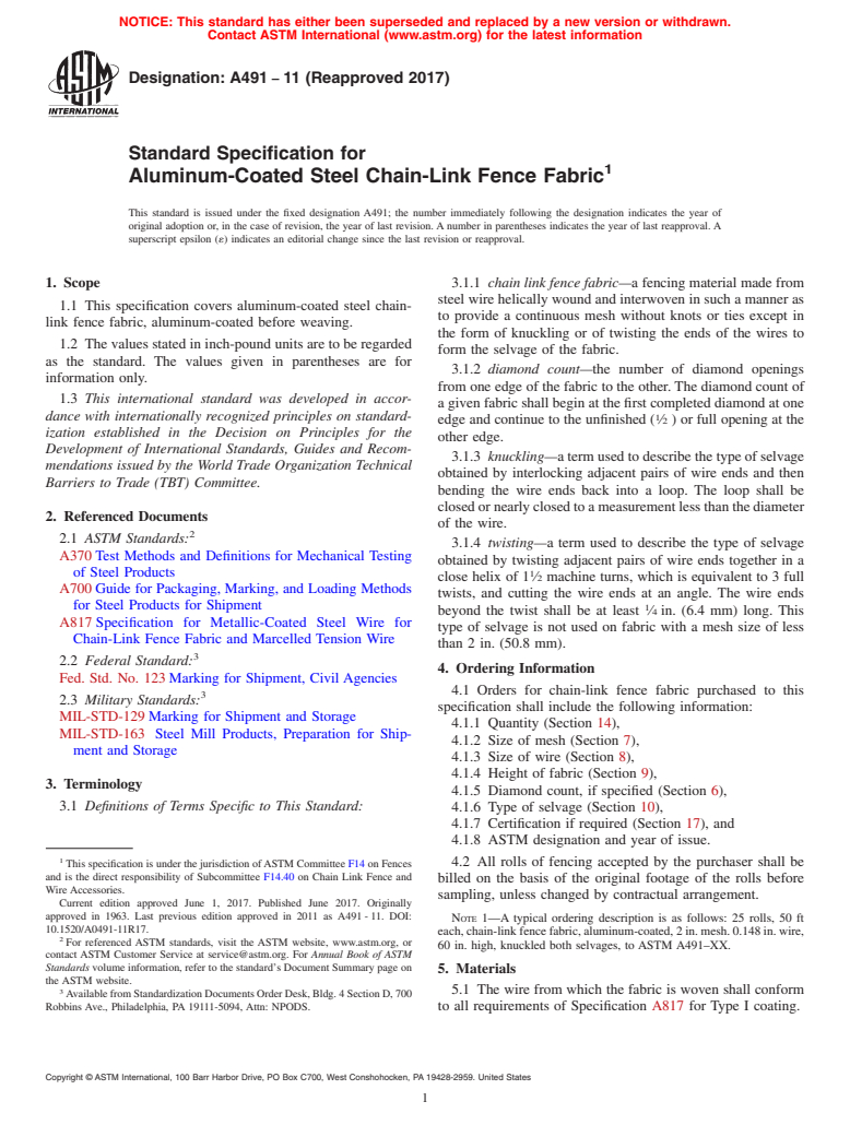 ASTM A491-11(2017) - Standard Specification for  Aluminum-Coated Steel Chain-Link Fence Fabric