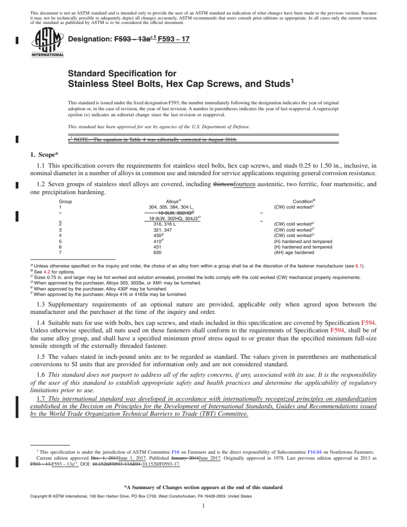 REDLINE ASTM F593-17 - Standard Specification for  Stainless Steel Bolts, Hex Cap Screws, and Studs