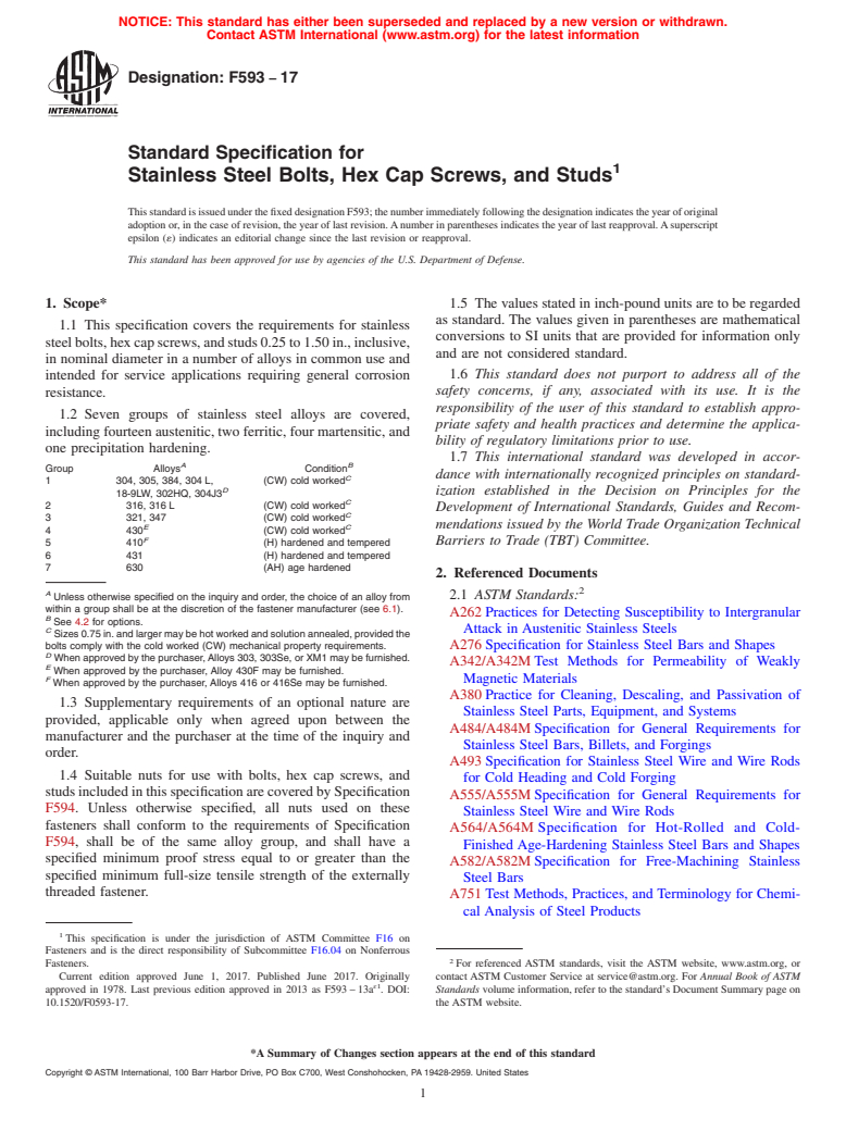 ASTM F593-17 - Standard Specification for  Stainless Steel Bolts, Hex Cap Screws, and Studs