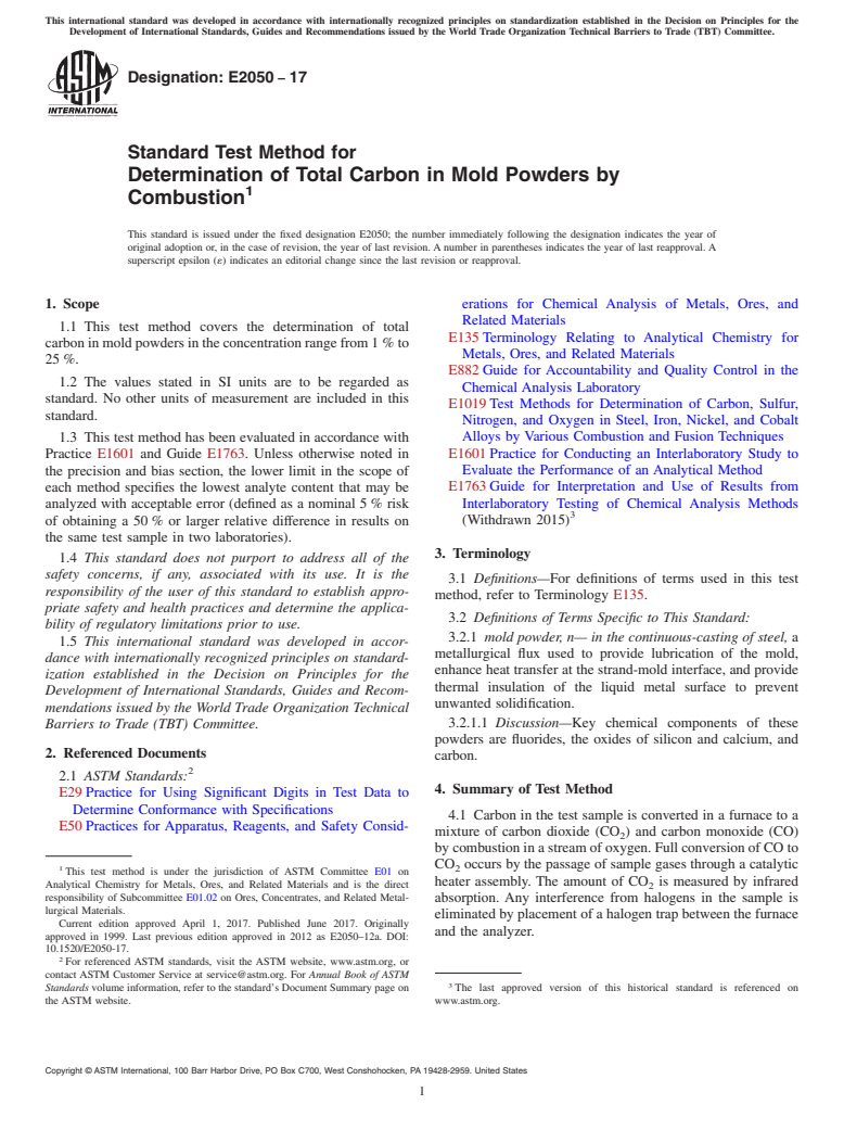 ASTM E2050-17 - Standard Test Method for  Determination of Total Carbon in Mold Powders by Combustion