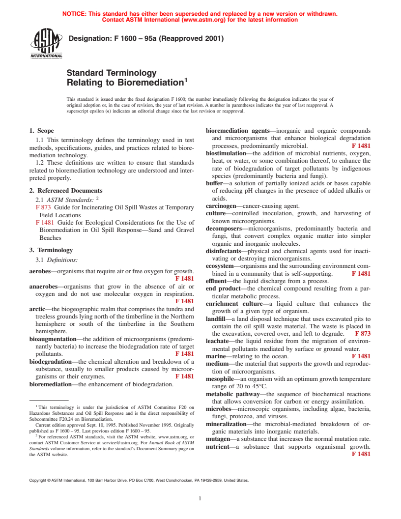 ASTM F1600-95a(2001) - Standard Terminology Relating to Bioremediation