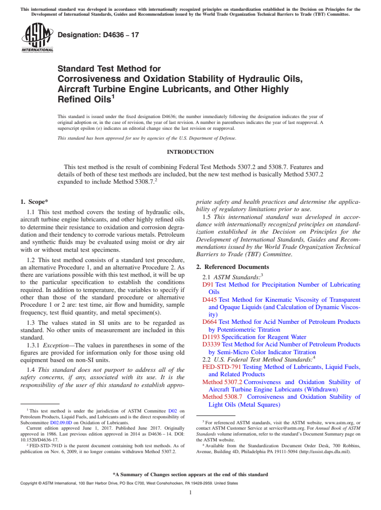 ASTM D4636-17 - Standard Test Method for  Corrosiveness and Oxidation Stability of Hydraulic Oils, Aircraft   Turbine Engine Lubricants, and Other Highly Refined Oils