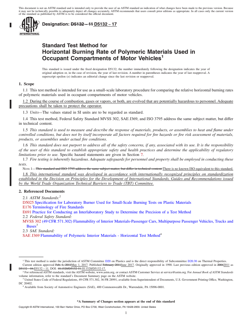 REDLINE ASTM D5132-17 - Standard Test Method for  Horizontal Burning Rate of Polymeric Materials Used in Occupant  Compartments of Motor Vehicles