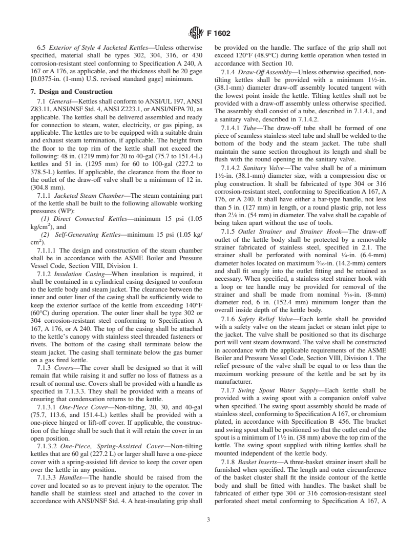 ASTM F1602-95(2001) - Standard Specification for Kettles, Steam-Jacketed, 20 to 200 gal (75.7 to 757 L), Floor or Wall Mounted, Direct Connected, Gas Fired and Electric Fired