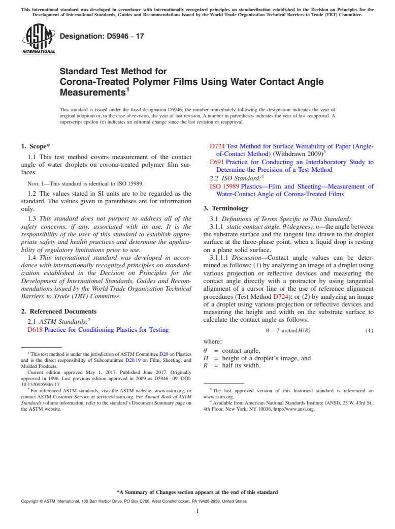 ASTM D5946-17 - Standard Test Method for  Corona-Treated Polymer Films Using Water Contact Angle Measurements