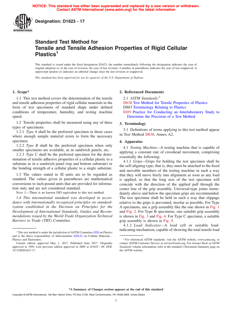 ASTM D1623-17 - Standard Test Method for  Tensile and Tensile Adhesion Properties of Rigid Cellular Plastics