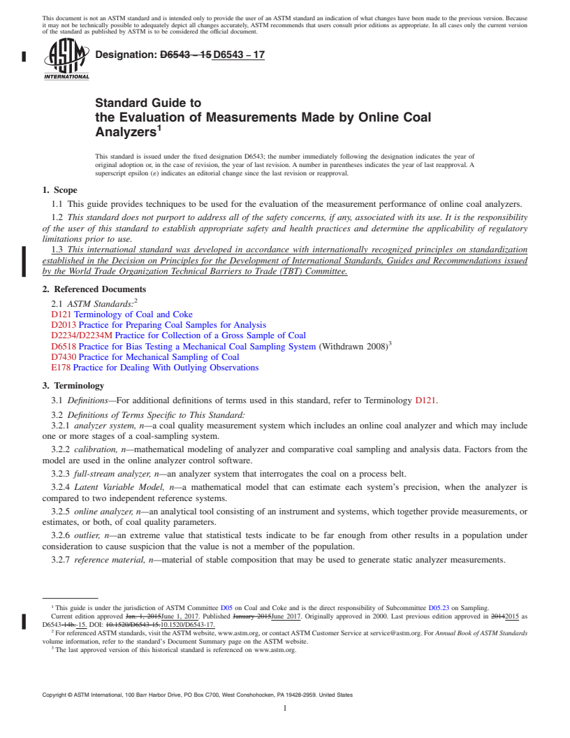 REDLINE ASTM D6543-17 - Standard Guide to  the Evaluation of Measurements Made by Online Coal Analyzers