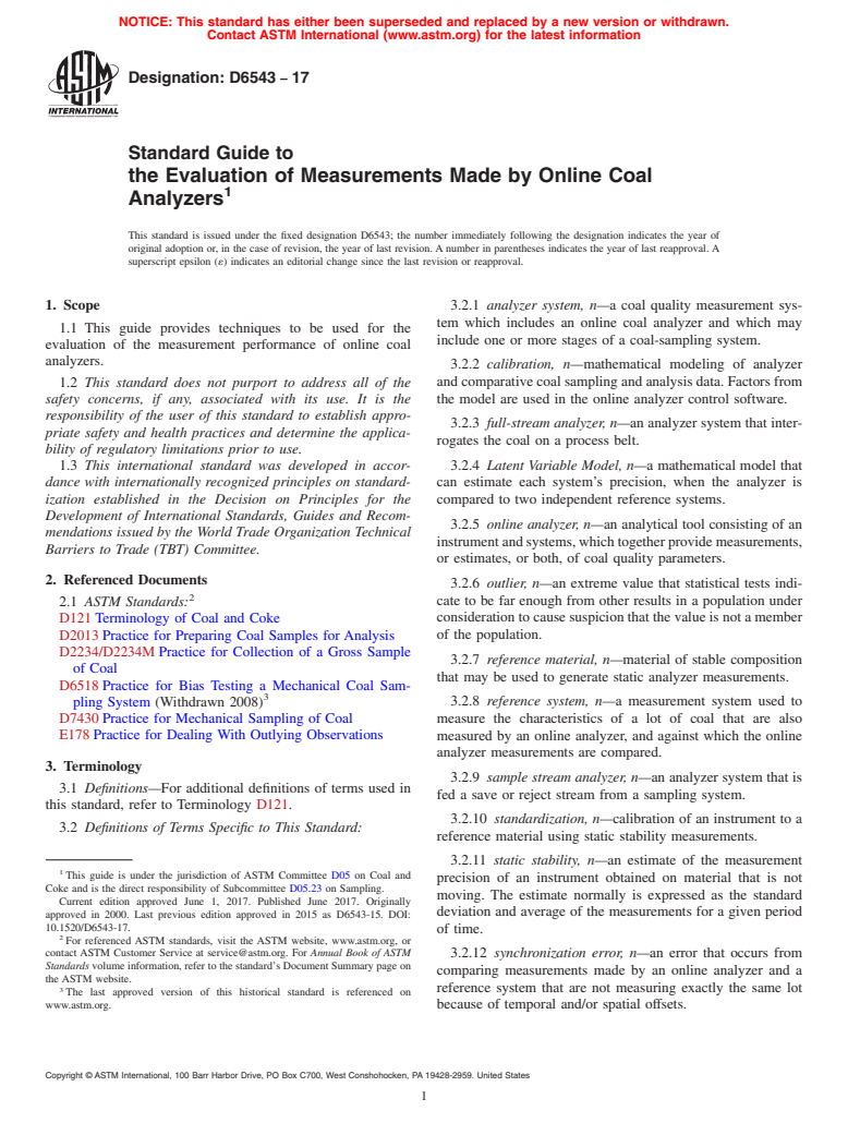 ASTM D6543-17 - Standard Guide to  the Evaluation of Measurements Made by Online Coal Analyzers