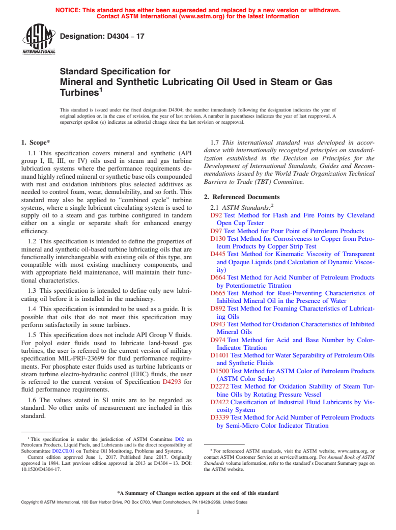 ASTM D4304-17 - Standard Specification for Mineral and Synthetic Lubricating Oil Used in Steam or Gas  Turbines