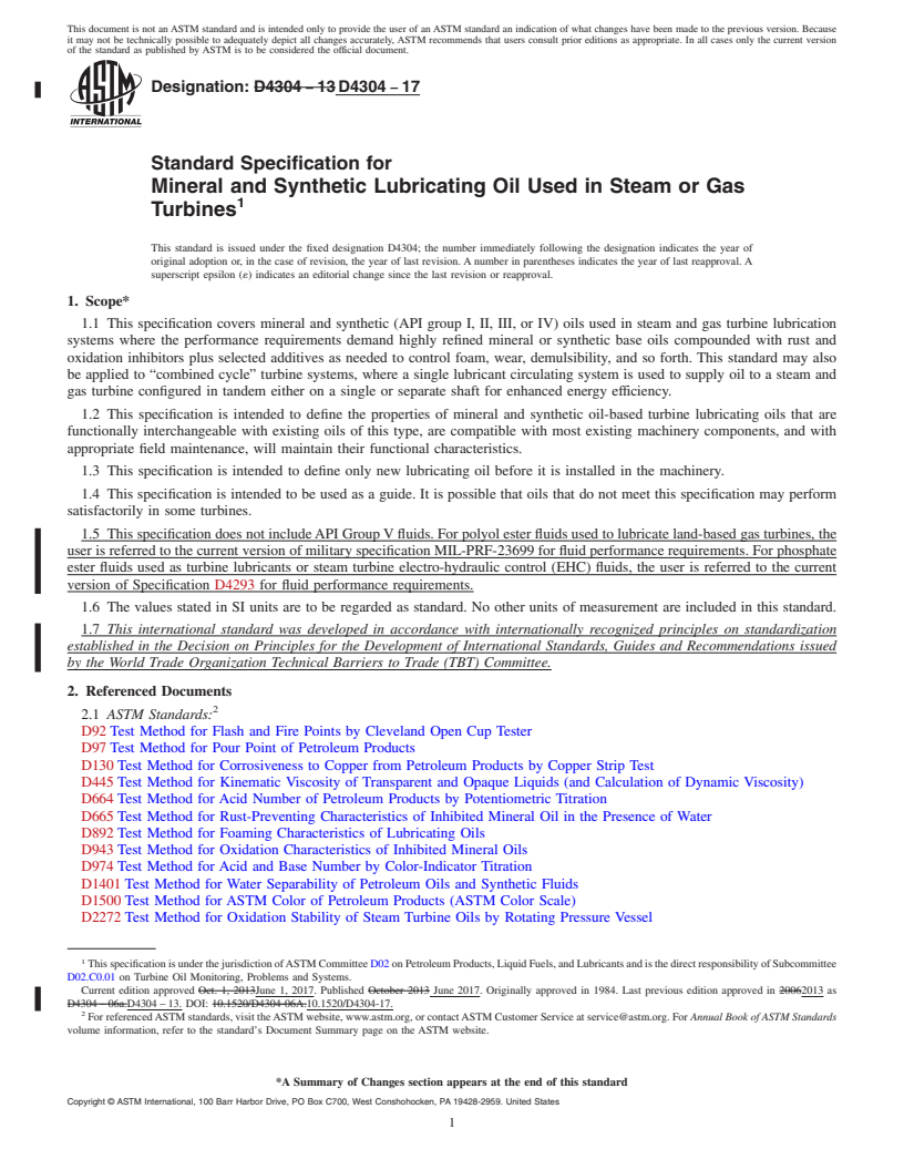 REDLINE ASTM D4304-17 - Standard Specification for Mineral and Synthetic Lubricating Oil Used in Steam or Gas  Turbines