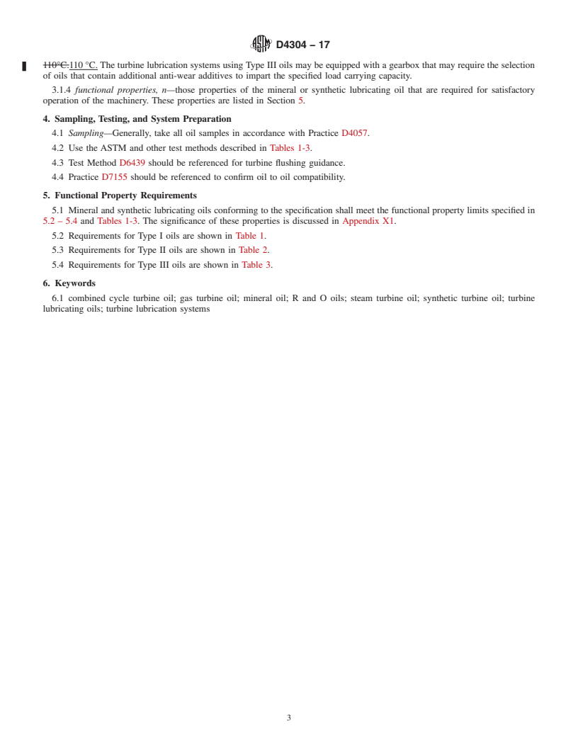 REDLINE ASTM D4304-17 - Standard Specification for Mineral and Synthetic Lubricating Oil Used in Steam or Gas  Turbines