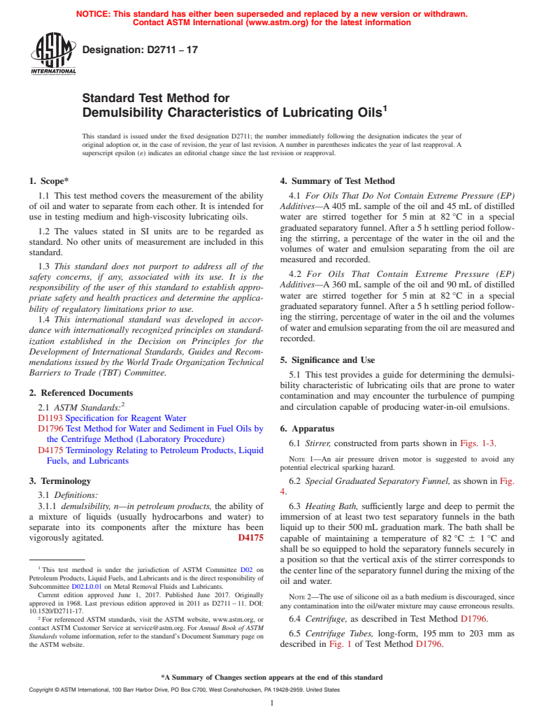 ASTM D2711-17 - Standard Test Method for  Demulsibility Characteristics of Lubricating Oils