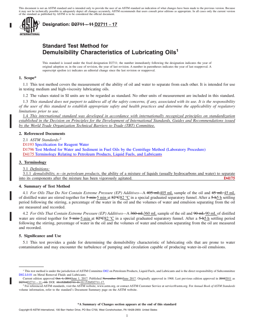 REDLINE ASTM D2711-17 - Standard Test Method for  Demulsibility Characteristics of Lubricating Oils