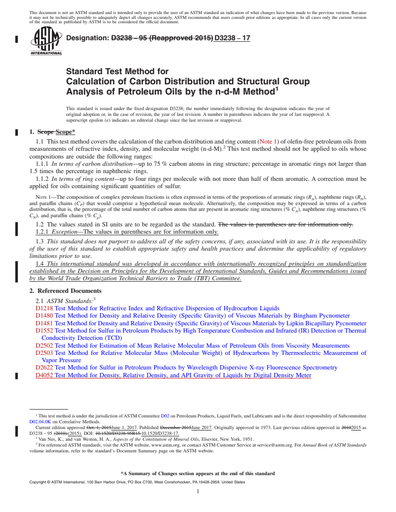 REDLINE ASTM D3238-17 - Standard Test Method for  Calculation of Carbon Distribution and Structural Group Analysis   of Petroleum Oils by the n-d-M Method