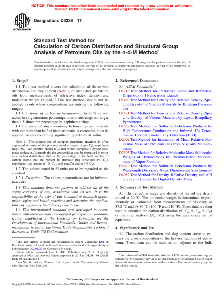 ASTM D3238-17 - Standard Test Method for  Calculation of Carbon Distribution and Structural Group Analysis   of Petroleum Oils by the n-d-M Method